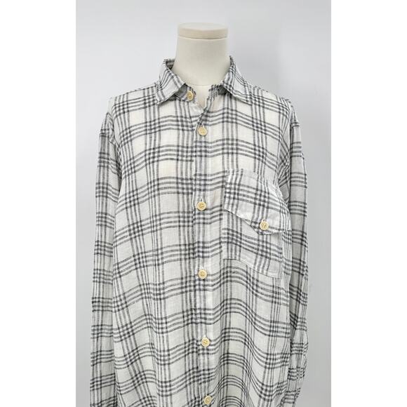 CP Shades White Black Oversized Linen Shirt Button Up Plaid Tunic Top M